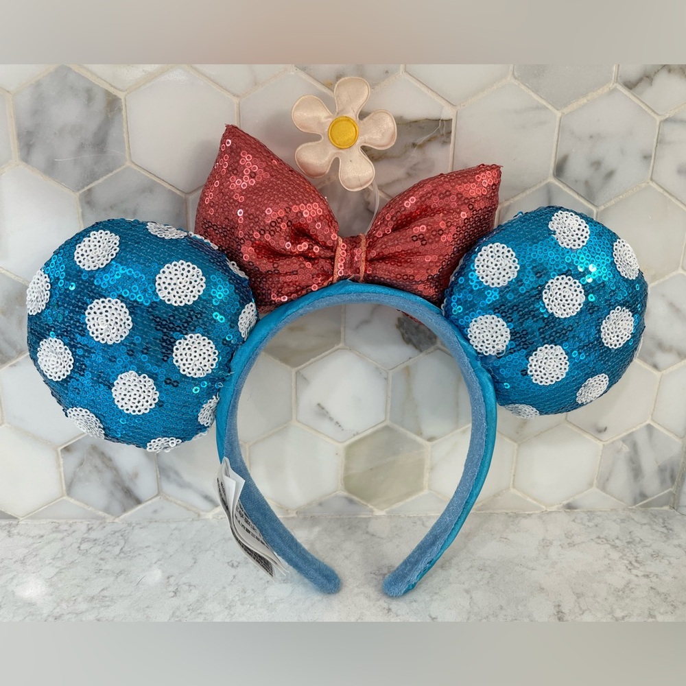 Disney Parks Classic Minnie Ear Sequin Headband Blue Polka Dot Red Bow and Daisy - Picture 2 of 16